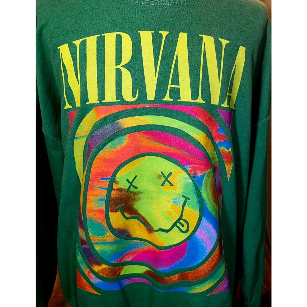 Women’s Size XL Nirvana Graphic Tee – Oversized Fit – Green Tie-Dye Psychedelic - Picture 3 of 4